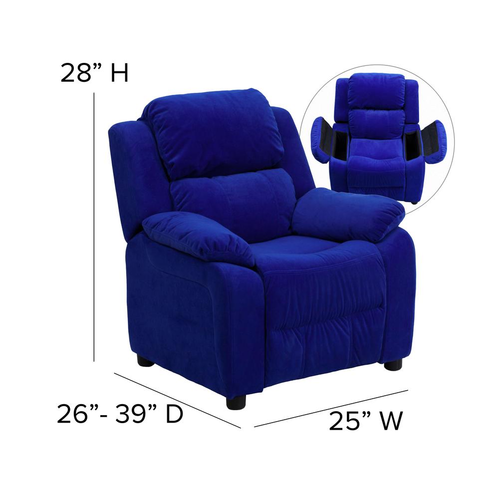 Deluxe Padded Contemporary Blue Microfiber Kids Recliner with Storage Arms. Picture 2