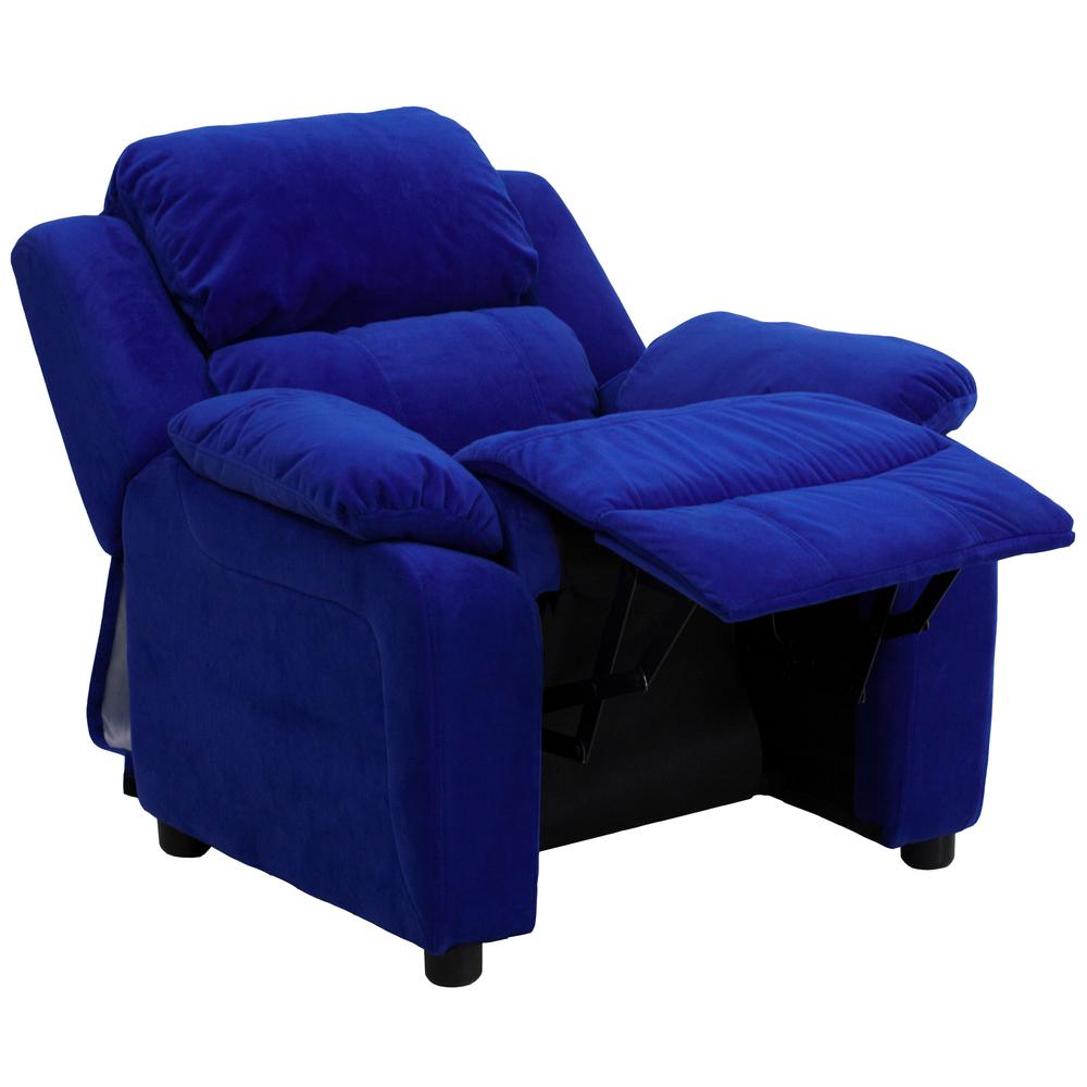 Deluxe Padded Contemporary Blue Microfiber Kids Recliner with Storage Arms. Picture 6
