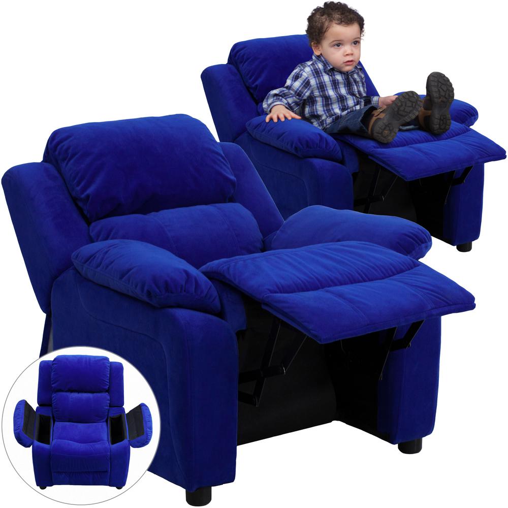 Deluxe Padded Contemporary Blue Microfiber Kids Recliner with Storage Arms. Picture 7