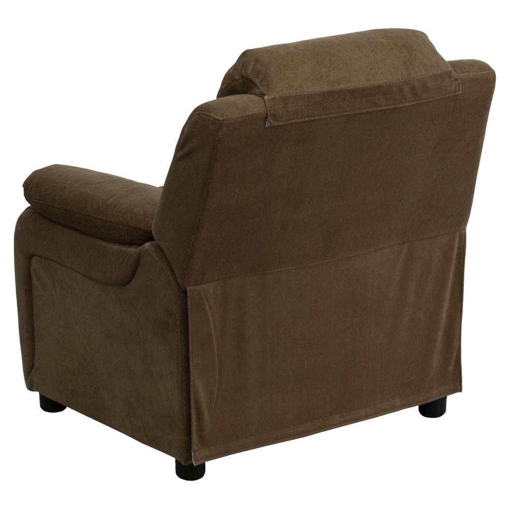 Deluxe Padded Contemporary Brown Microfiber Kids Recliner with Storage Arms. Picture 4