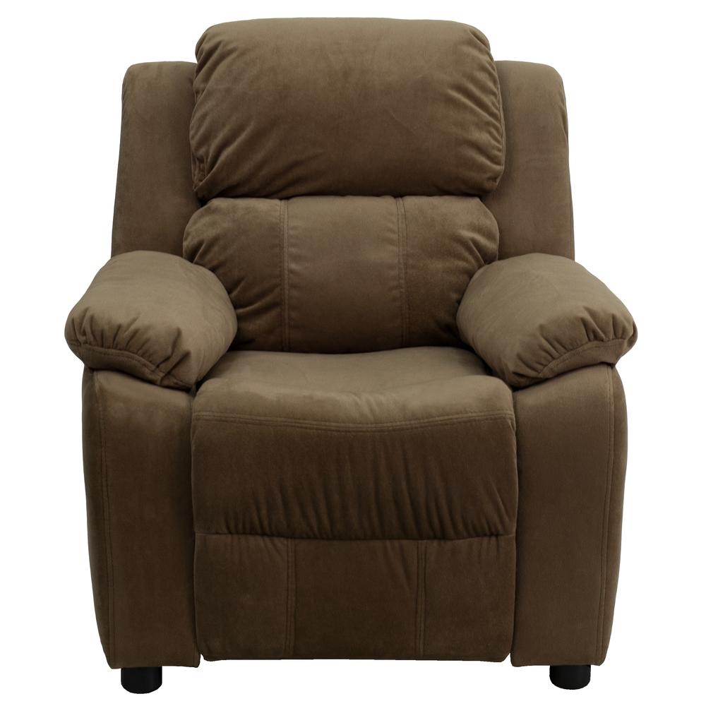 Deluxe Padded Contemporary Brown Microfiber Kids Recliner with Storage Arms. Picture 5