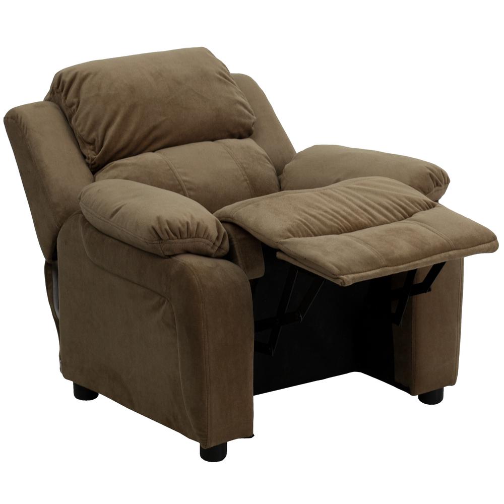 Deluxe Padded Contemporary Brown Microfiber Kids Recliner with Storage Arms. Picture 6