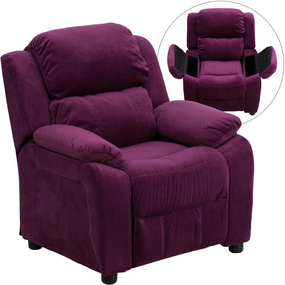 Deluxe Padded Contemporary Purple Microfiber Kids Recliner with Storage Arms. Picture 1