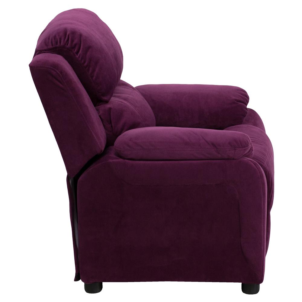 Deluxe Padded Contemporary Purple Microfiber Kids Recliner with Storage Arms. Picture 2