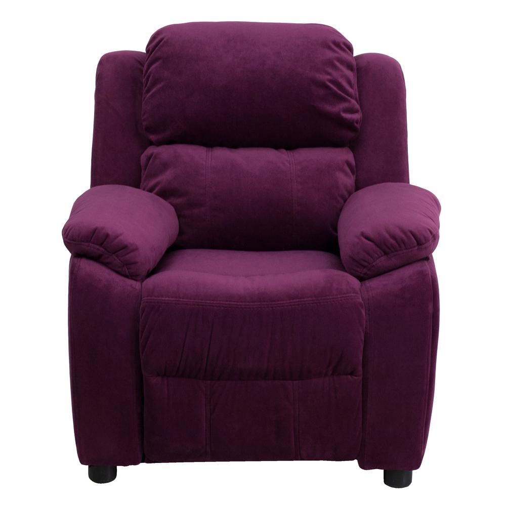 Deluxe Padded Contemporary Purple Microfiber Kids Recliner with Storage Arms. Picture 4