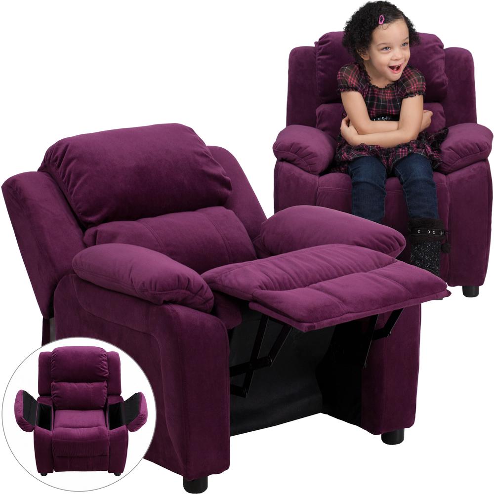 Deluxe Padded Contemporary Purple Microfiber Kids Recliner with Storage Arms. Picture 6