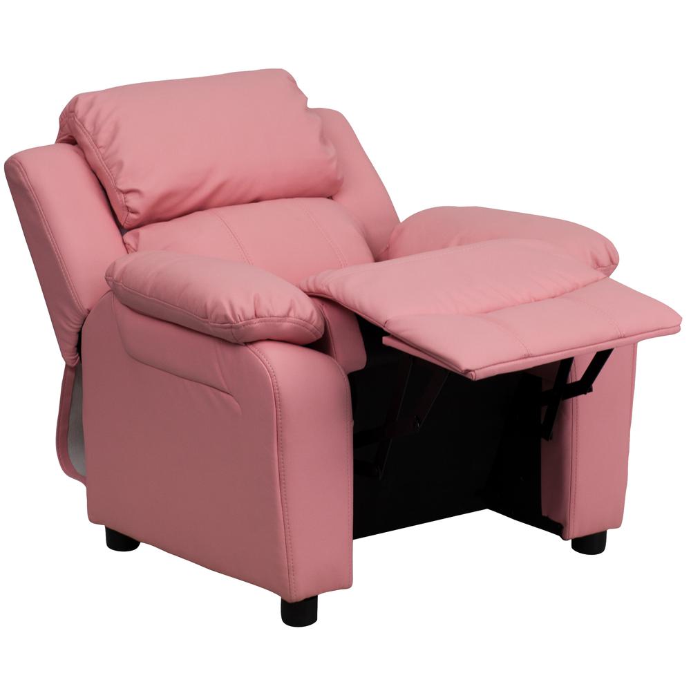 Deluxe Padded Contemporary Pink Vinyl Kids Recliner with Storage Arms. Picture 5