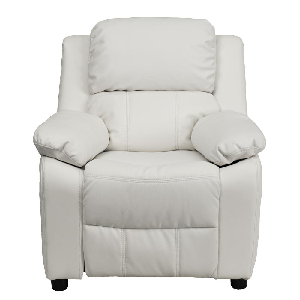 Deluxe Padded Contemporary White Vinyl Kids Recliner with Storage Arms. Picture 5