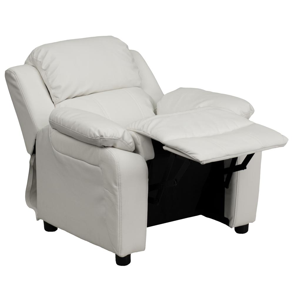 Deluxe Padded Contemporary White Vinyl Kids Recliner with Storage Arms. Picture 6