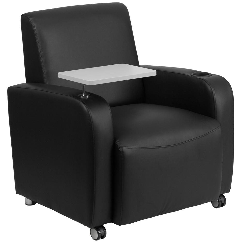 Black Guest Chair with Tablet Arm, Front Wheel Casters and Cup Holder. Picture 1