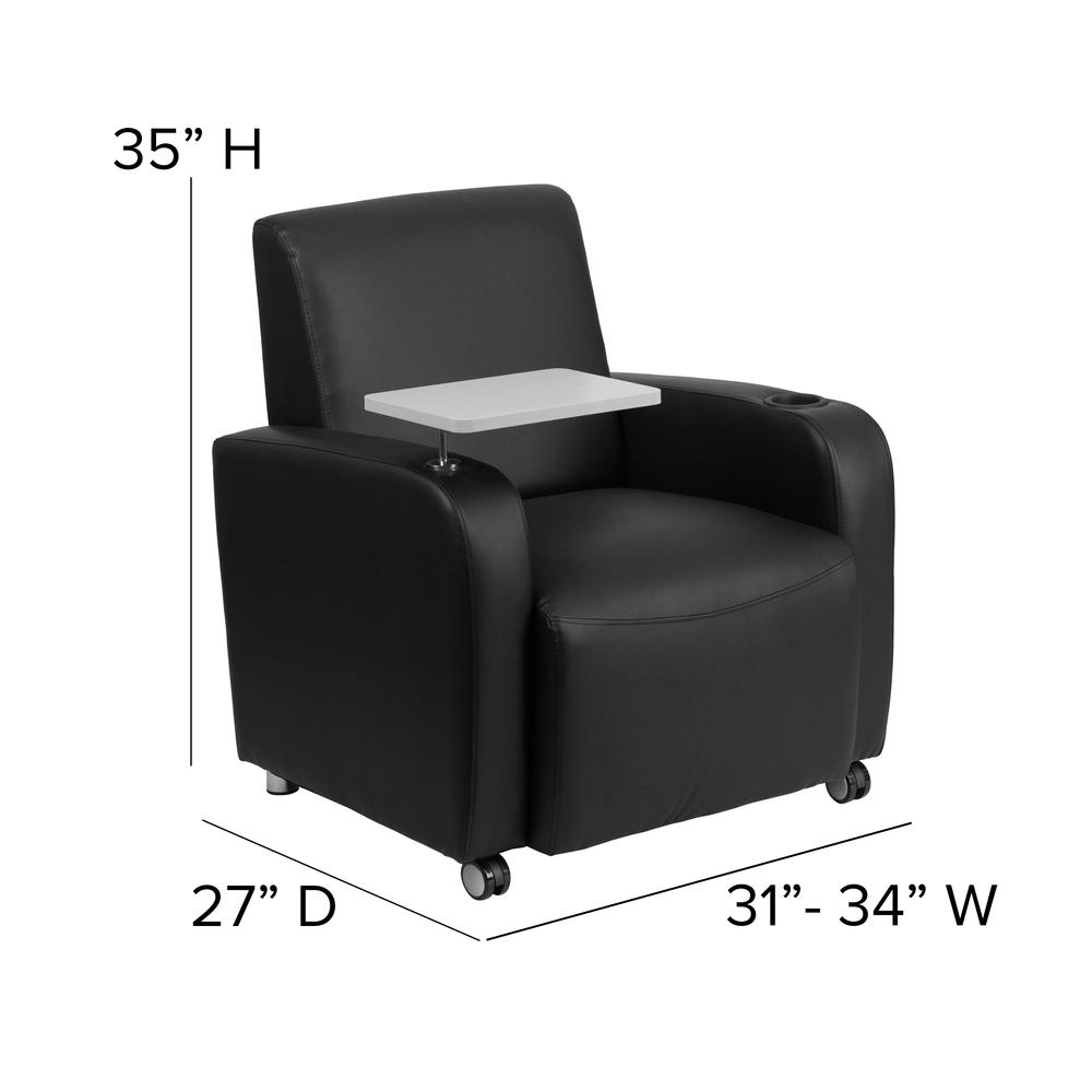 Black LeatherSoft Guest Chair with Tablet Arm, Front Wheel Casters and Cup Holder. Picture 2