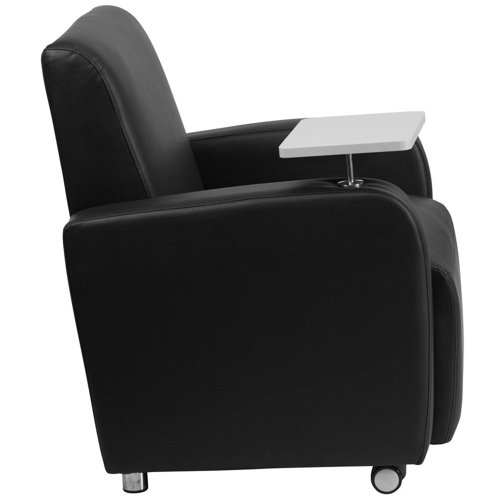 Black Guest Chair with Tablet Arm, Front Wheel Casters and Cup Holder. Picture 2