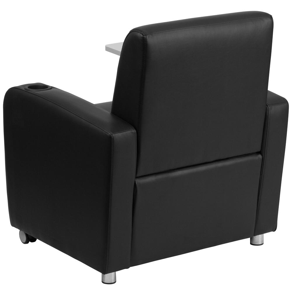 Black LeatherSoft Guest Chair with Tablet Arm, Front Wheel Casters and Cup Holder. Picture 4