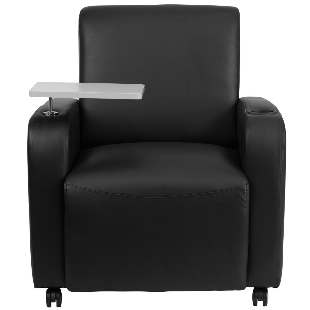 Black Guest Chair with Tablet Arm, Front Wheel Casters and Cup Holder. Picture 4