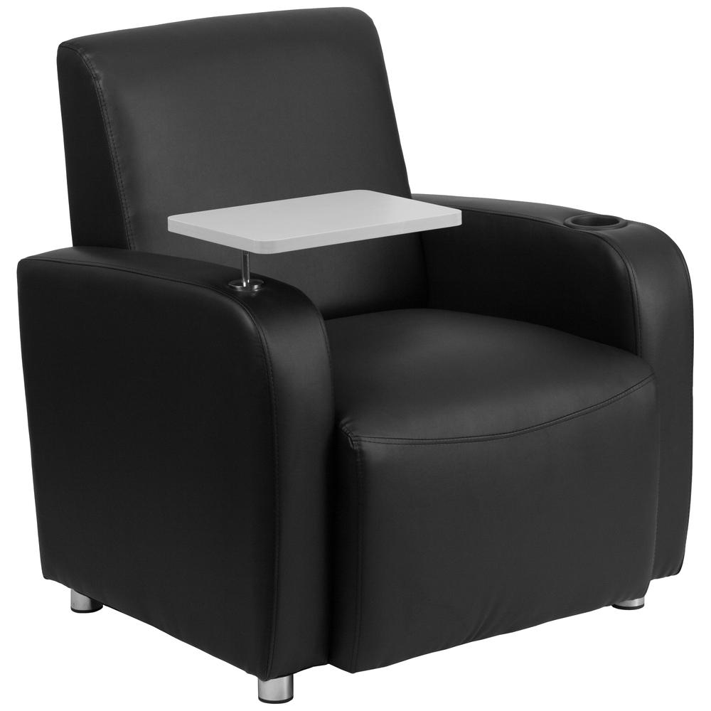Black LeatherSoft Guest Chair with Tablet Arm, Chrome Legs and Cup Holder. The main picture.