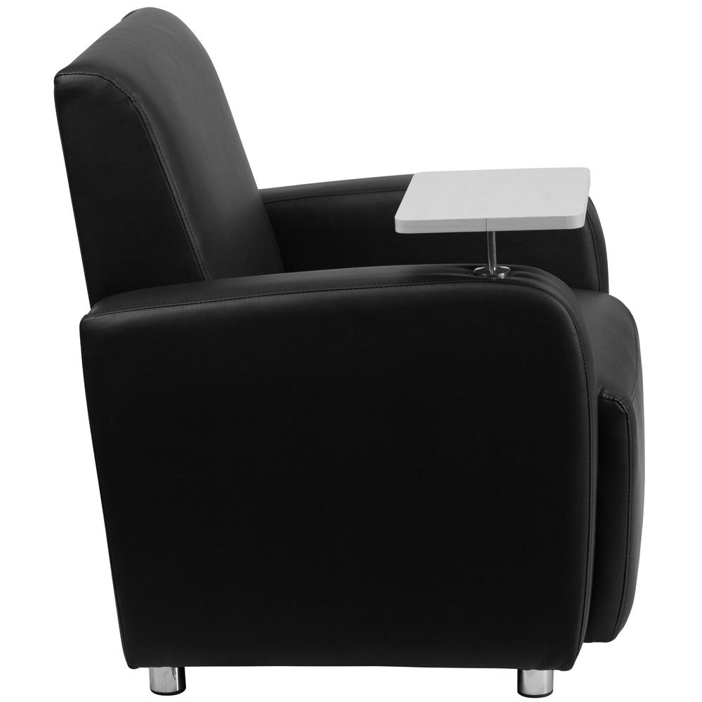 Black LeatherSoft Guest Chair with Tablet Arm, Chrome Legs and Cup Holder. Picture 2