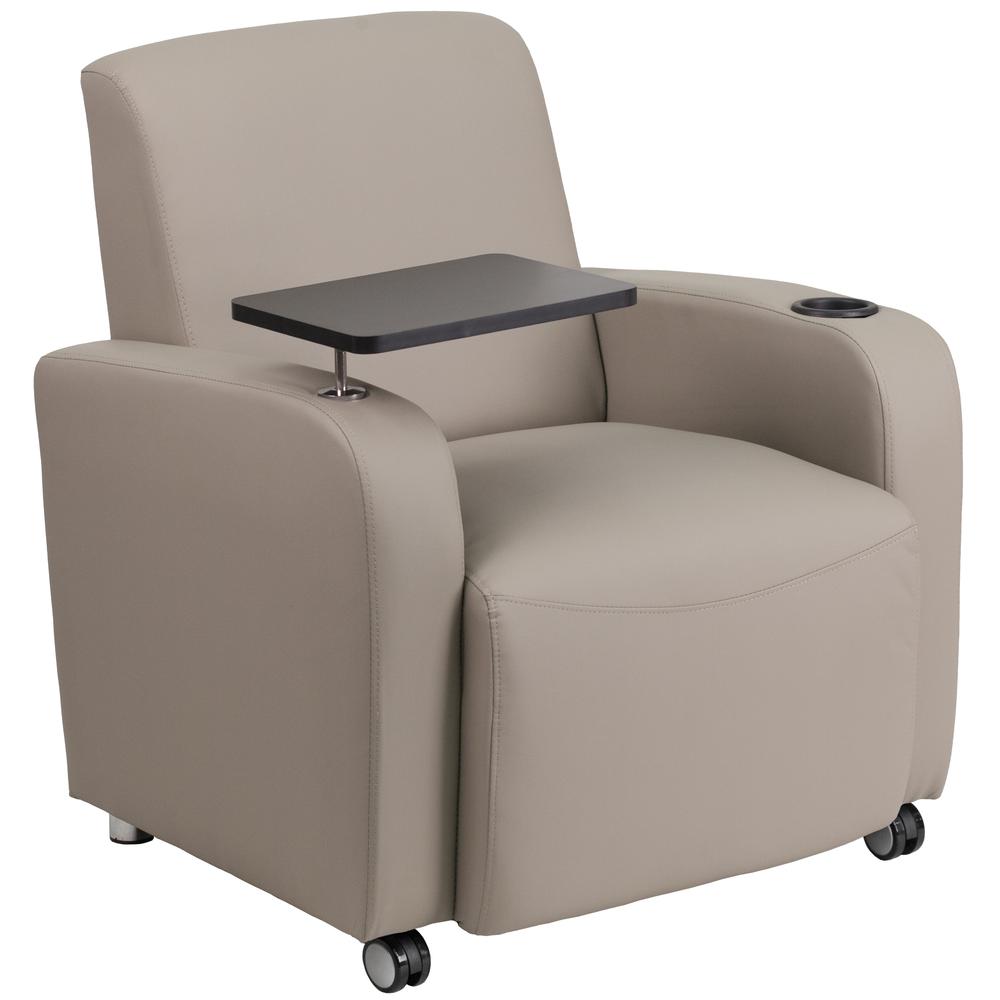 Gray LeatherSoft Guest Chair with Tablet Arm, Front Wheel Casters and Cup Holder. Picture 1
