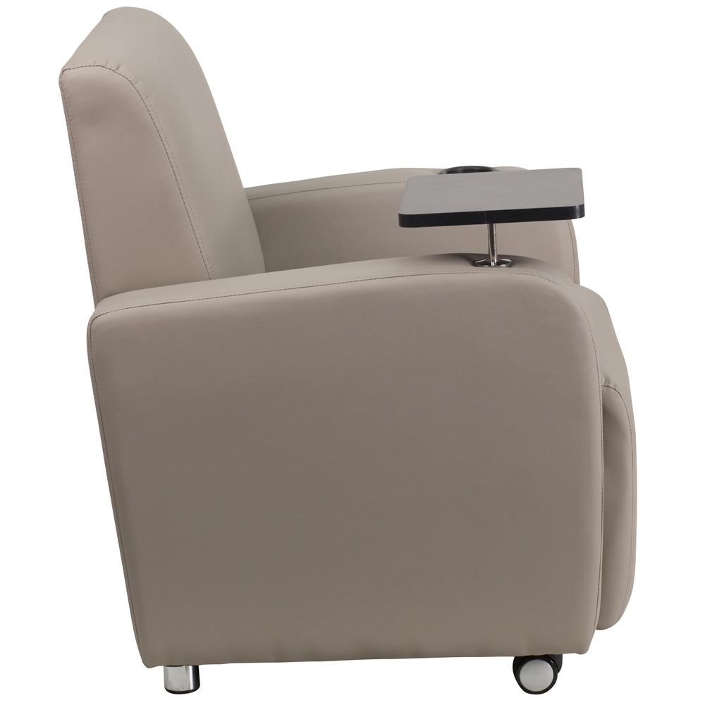 Gray LeatherSoft Guest Chair with Tablet Arm, Front Wheel Casters and Cup Holder. Picture 2