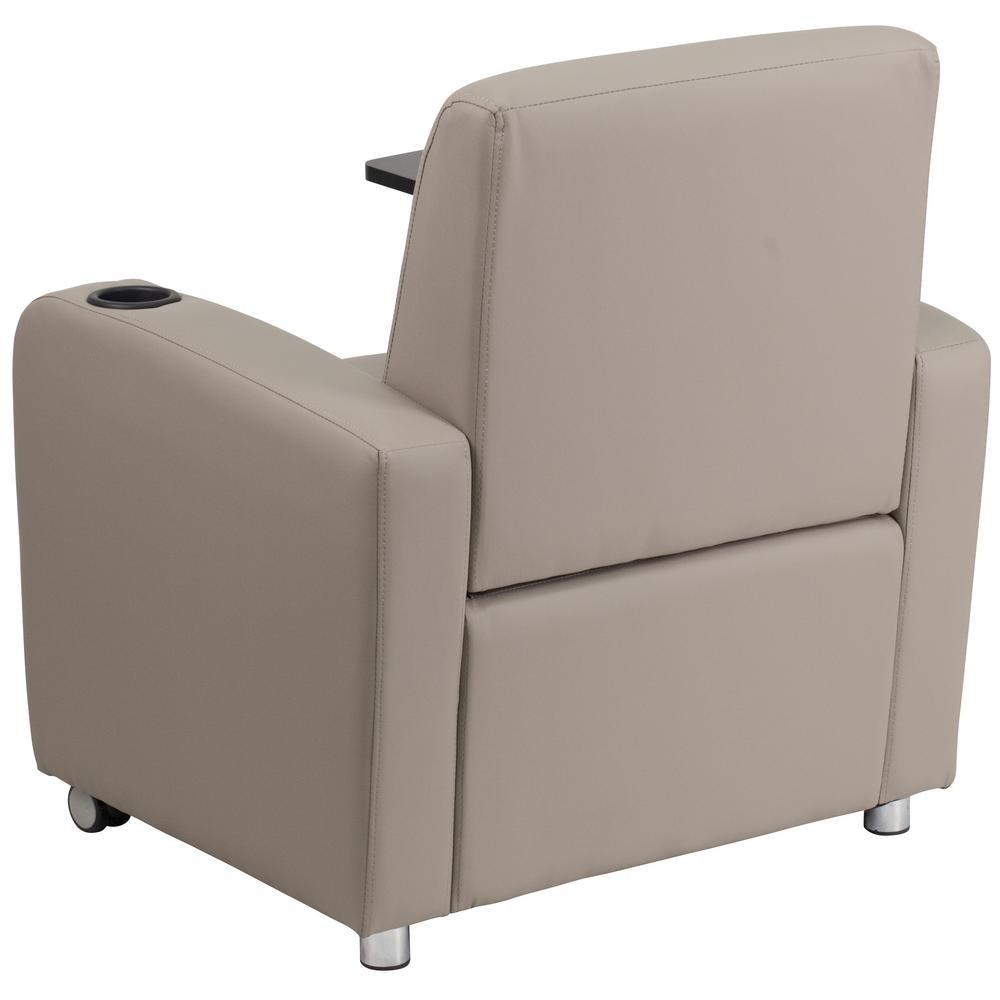 Gray LeatherSoft Guest Chair with Tablet Arm, Front Wheel Casters and Cup Holder. Picture 3