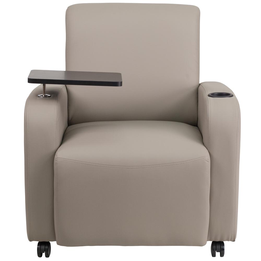 Gray LeatherSoft Guest Chair with Tablet Arm, Front Wheel Casters and Cup Holder. Picture 4