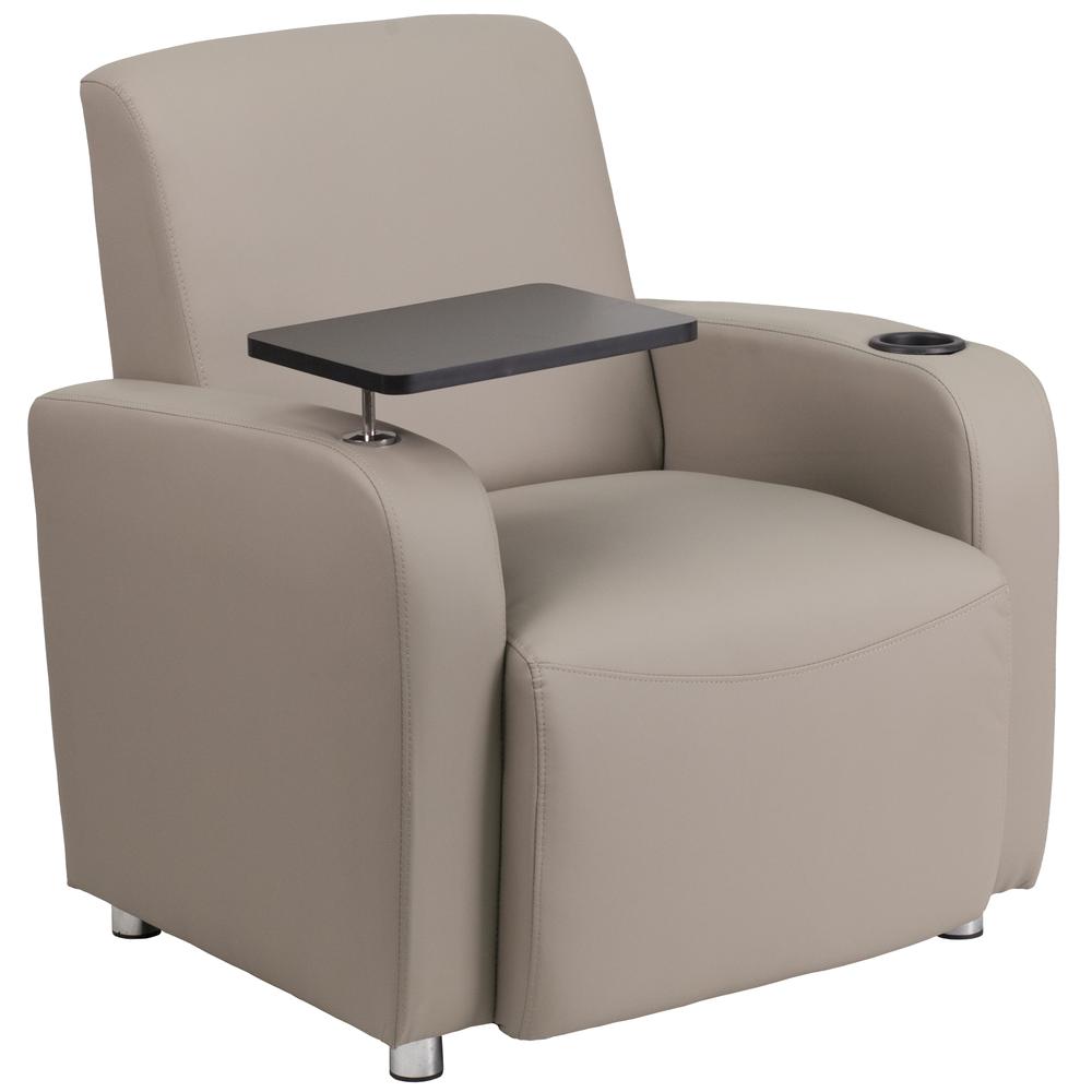 Gray LeatherSoft Guest Chair with Tablet Arm, Chrome Legs and Cup Holder. Picture 1