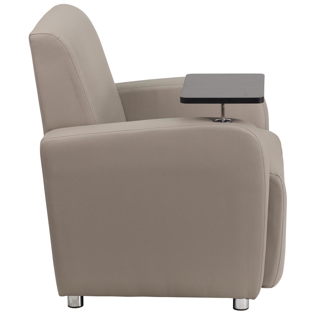 Gray LeatherSoft Guest Chair with Tablet Arm, Chrome Legs and Cup Holder. Picture 2