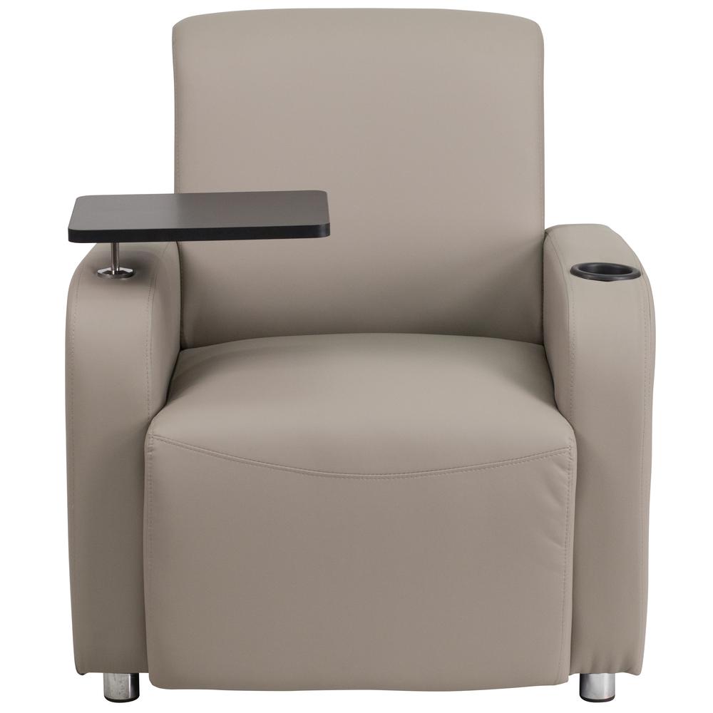 Gray LeatherSoft Guest Chair with Tablet Arm, Chrome Legs and Cup Holder. Picture 4