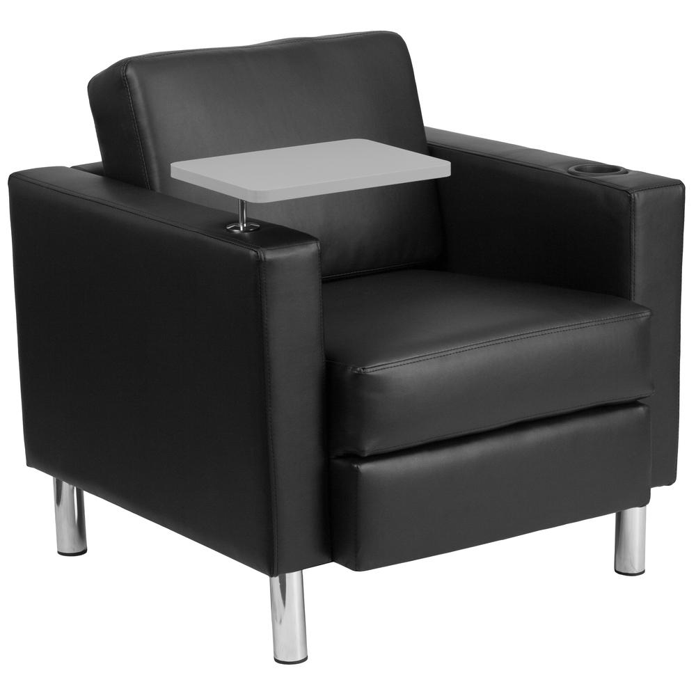 Black LeatherSoft Guest Chair with Tablet Arm, Tall Chrome Legs and Cup Holder. Picture 1