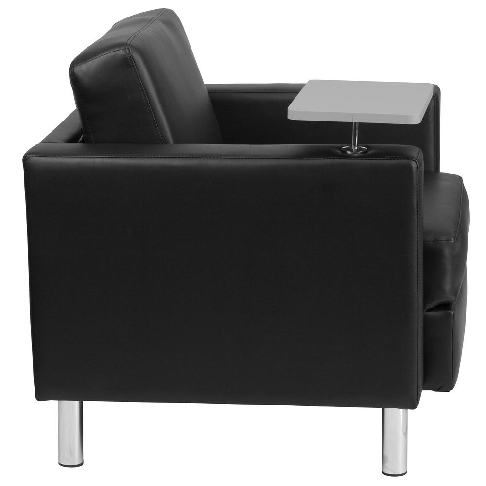 Black LeatherSoft Guest Chair with Tablet Arm, Tall Chrome Legs and Cup Holder. Picture 2