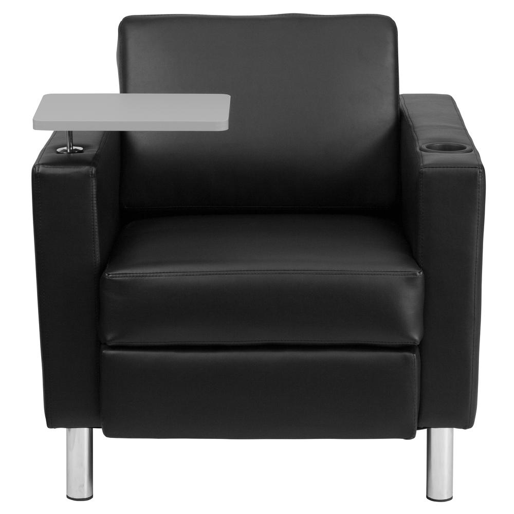 Black LeatherSoft Guest Chair with Tablet Arm, Tall Chrome Legs and Cup Holder. Picture 4