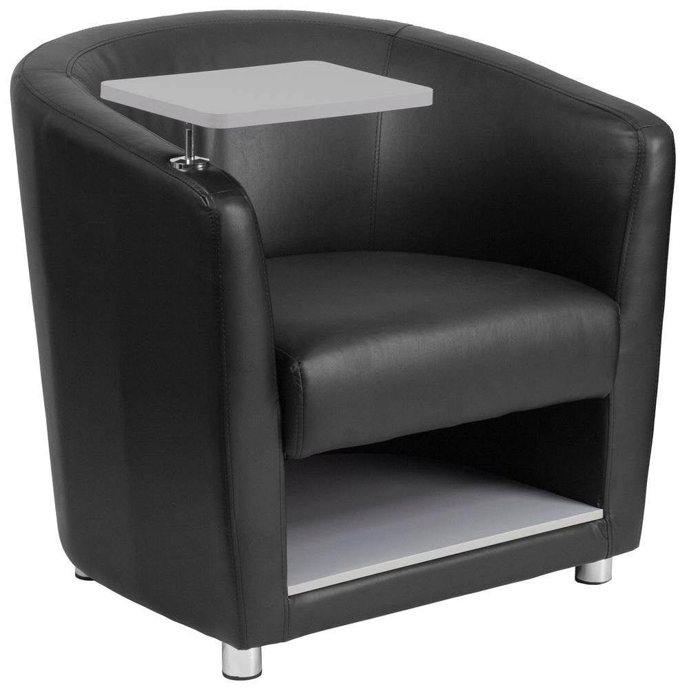 Black LeatherSoft Guest Chair with Tablet Arm, Chrome Legs and Under Seat Storage. The main picture.