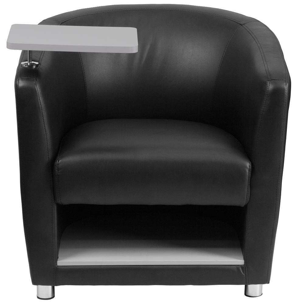 Black LeatherSoft Guest Chair with Tablet Arm, Chrome Legs and Under Seat Storage. Picture 4
