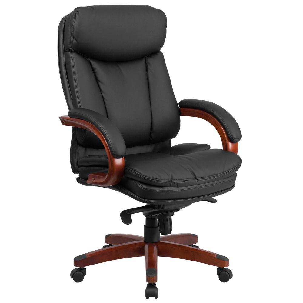 High Back Black LeatherSoft Executive Ergonomic Office Chair with Synchro-Tilt Mechanism, Mahogany Wood Base and Arms. The main picture.