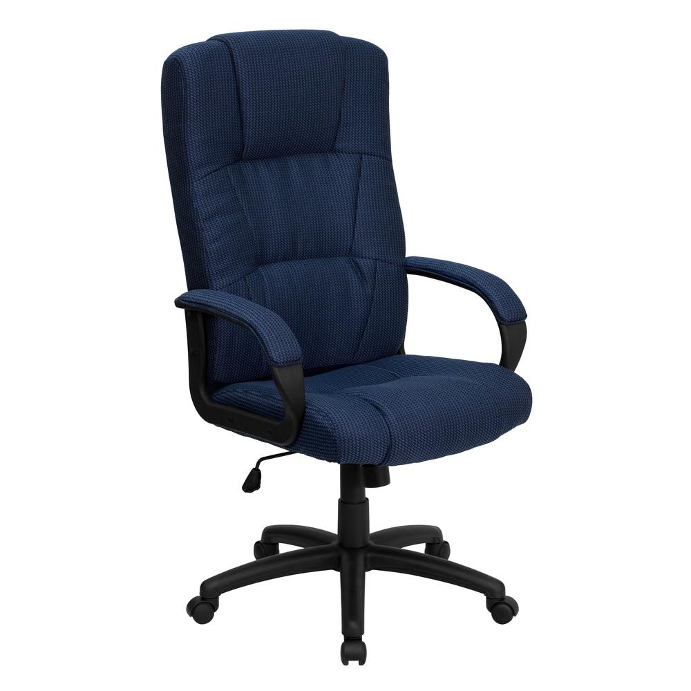 High Back Navy Blue Fabric Executive Swivel Office Chair with Arms. The main picture.
