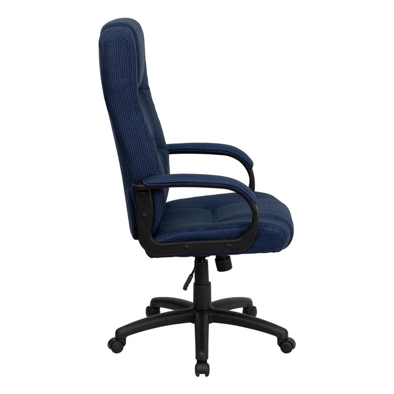 High Back Navy Blue Fabric Executive Swivel Office Chair with Arms. Picture 2