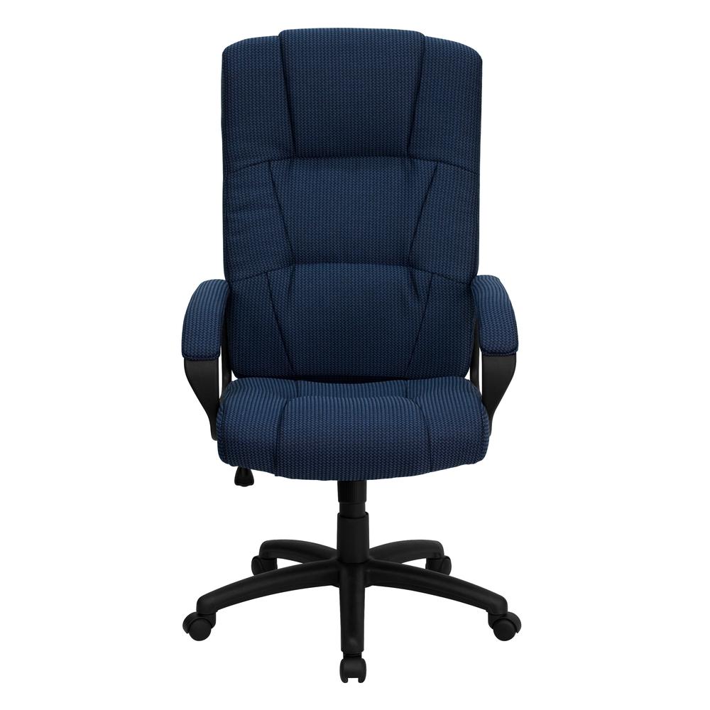 High Back Navy Blue Fabric Executive Swivel Office Chair with Arms. Picture 4