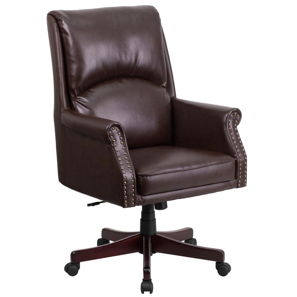 High Back Pillow Back Brown LeatherSoft Executive Swivel Office Chair with Arms. Picture 1