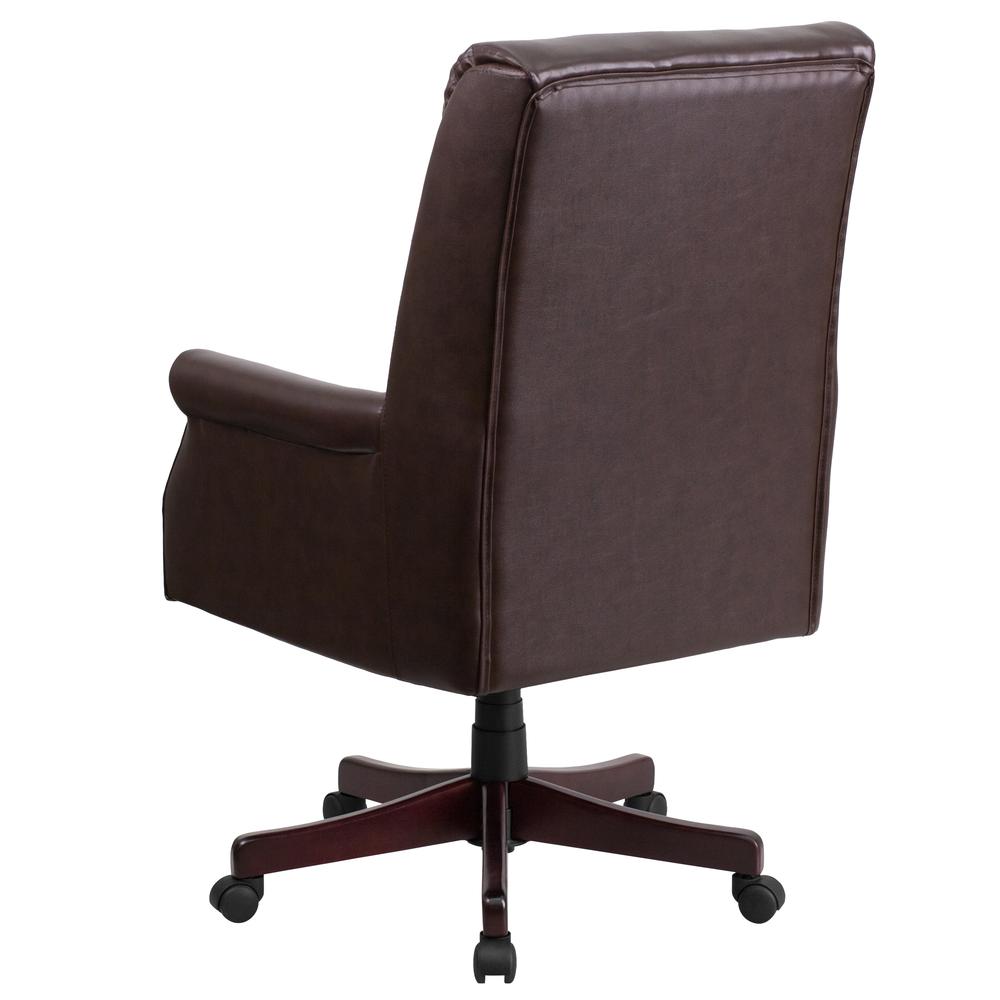 High Back Pillow Back Brown LeatherSoft Executive Swivel Office Chair with Arms. Picture 3