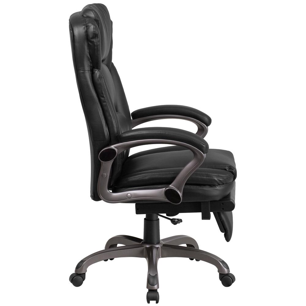 High Back Black LeatherSoft Executive Reclining Ergonomic Swivel Office Chair with Outer Lumbar Cushion and Arms. Picture 3