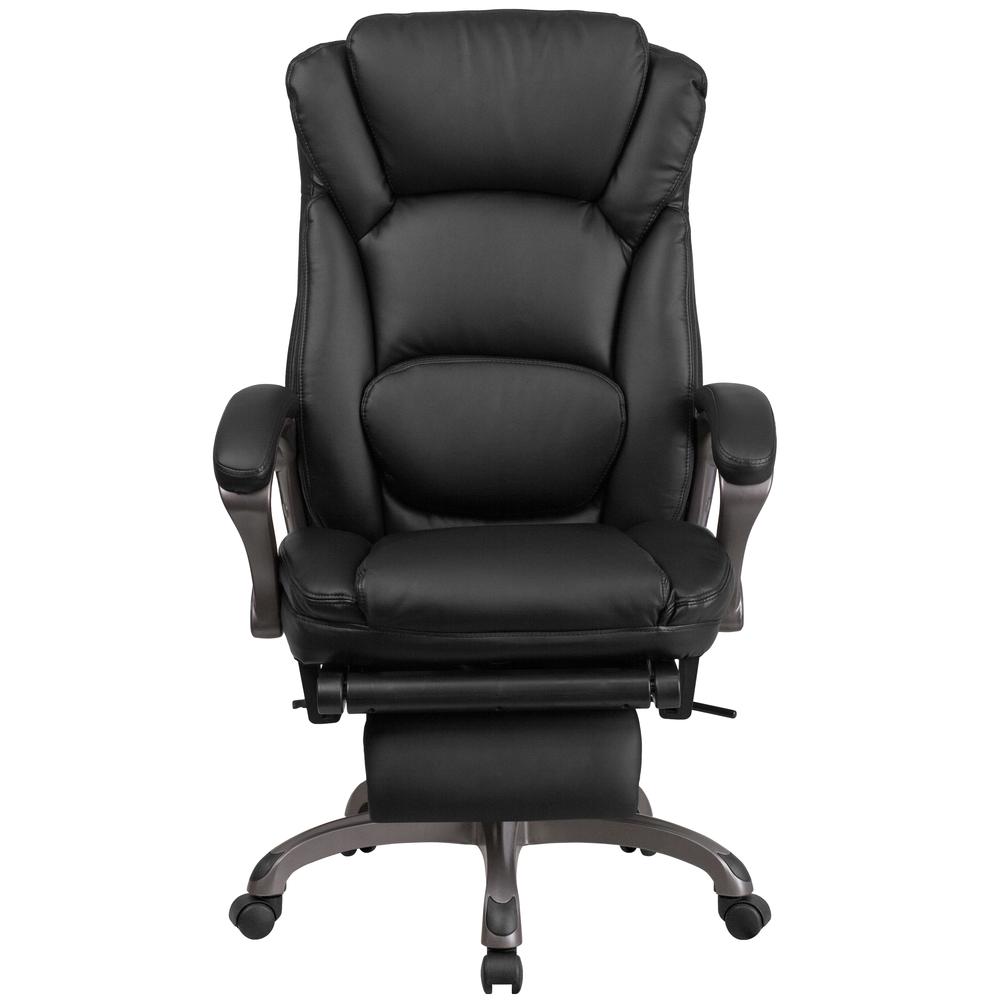 High Back Black LeatherSoft Executive Reclining Ergonomic Swivel Office Chair with Outer Lumbar Cushion and Arms. Picture 5