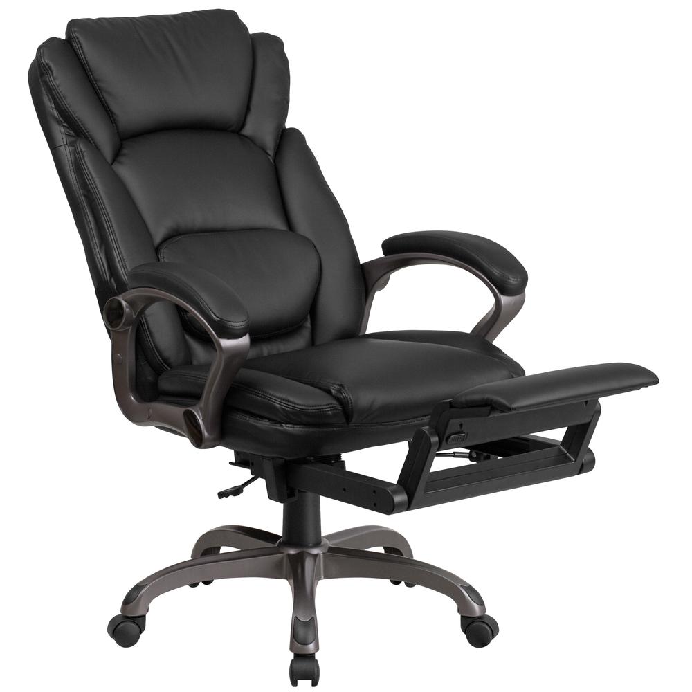 High Back Black LeatherSoft Executive Reclining Ergonomic Swivel Office Chair with Outer Lumbar Cushion and Arms. Picture 6