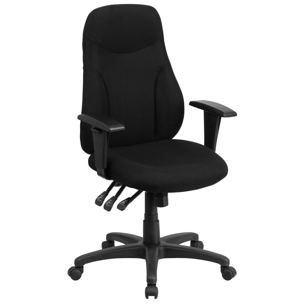High Back Black Fabric Multifunction Swivel Ergonomic Task Office Chair with Adjustable Arms. Picture 1