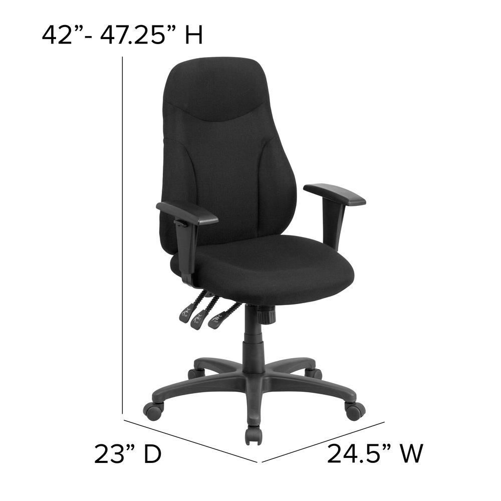 High Back Black Fabric Multifunction Swivel Ergonomic Task Office Chair with Adjustable Arms. Picture 2