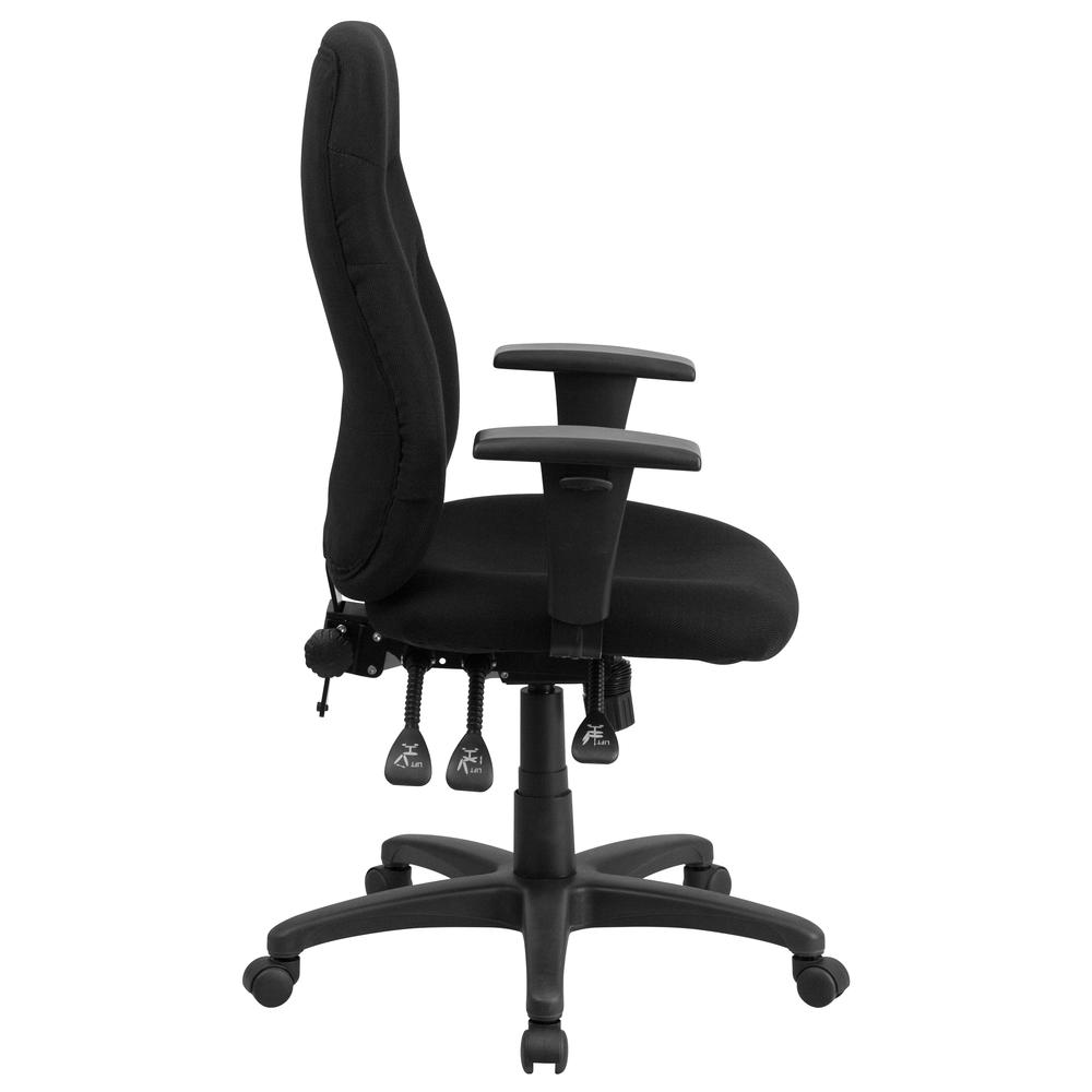 High Back Black Fabric Multifunction Swivel Ergonomic Task Office Chair with Adjustable Arms. Picture 3