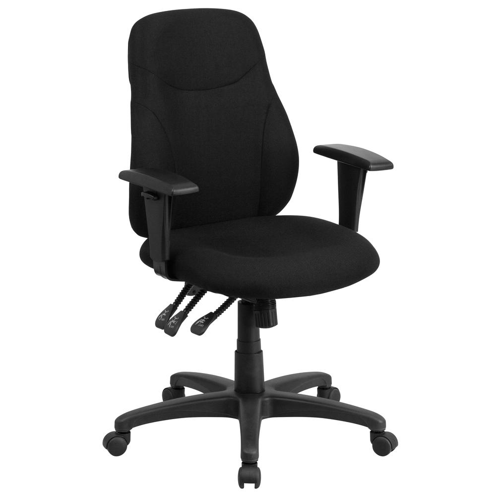 Mid-Back Black Fabric Multifunction Swivel Ergonomic Task Office Chair with 1.5" Back Adjustment and Adjustable Arms. Picture 1