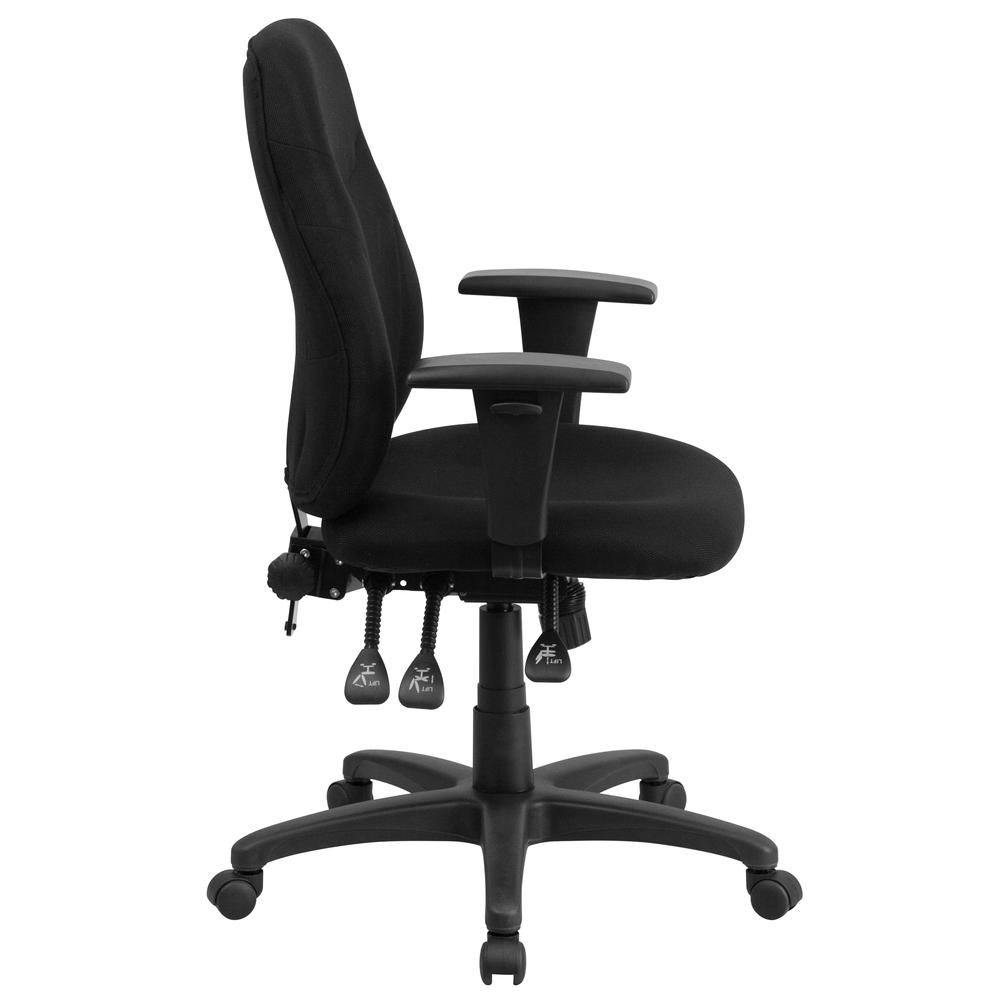 Mid-Back Black Fabric Multifunction Swivel Ergonomic Task Office Chair with 1.5" Back Adjustment and Adjustable Arms. Picture 2