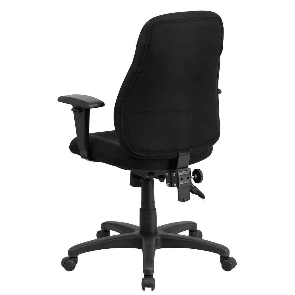 Mid-Back Black Fabric Multifunction Swivel Ergonomic Task Office Chair with 1.5" Back Adjustment and Adjustable Arms. Picture 3
