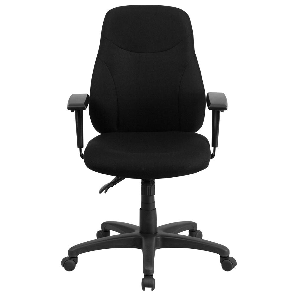 Mid-Back Black Fabric Multifunction Swivel Ergonomic Task Office Chair with 1.5" Back Adjustment and Adjustable Arms. Picture 4