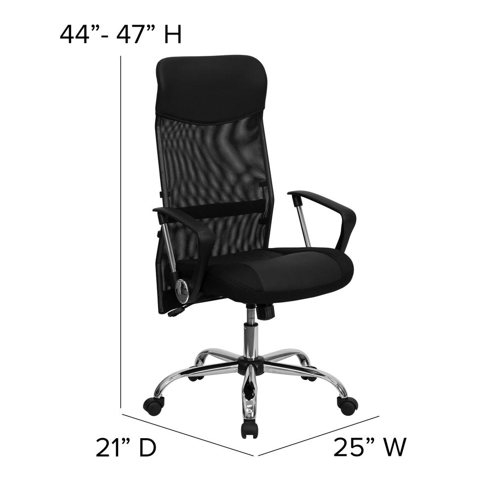 High Back Black Leather and Mesh Swivel Task Office Chair with Arms. Picture 2