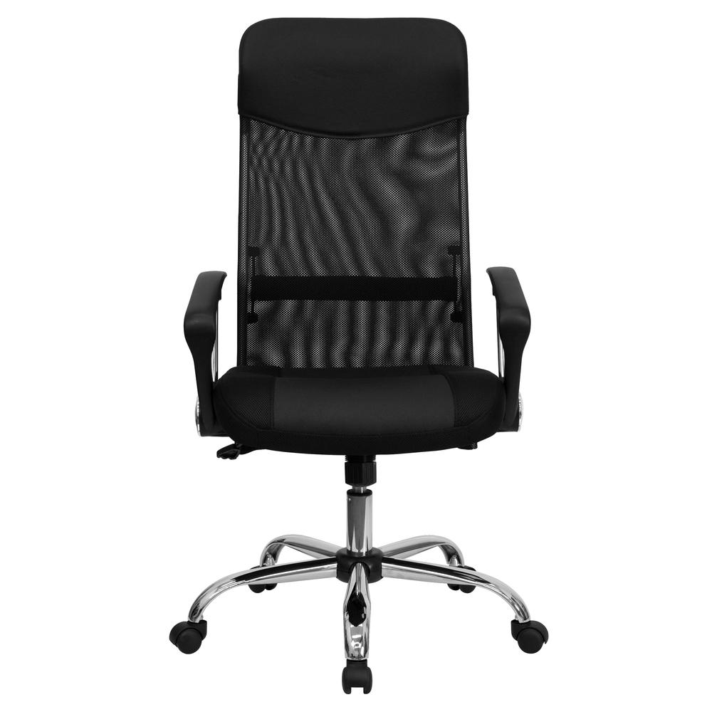 High Back Black Leather and Mesh Swivel Task Office Chair with Arms. Picture 5